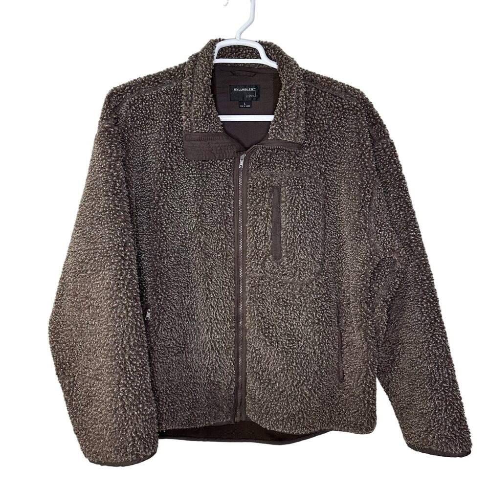 VTG Syllables System Men's Large Fleece Deep Pile Sherpa Full Zip‎ Brown Jacket